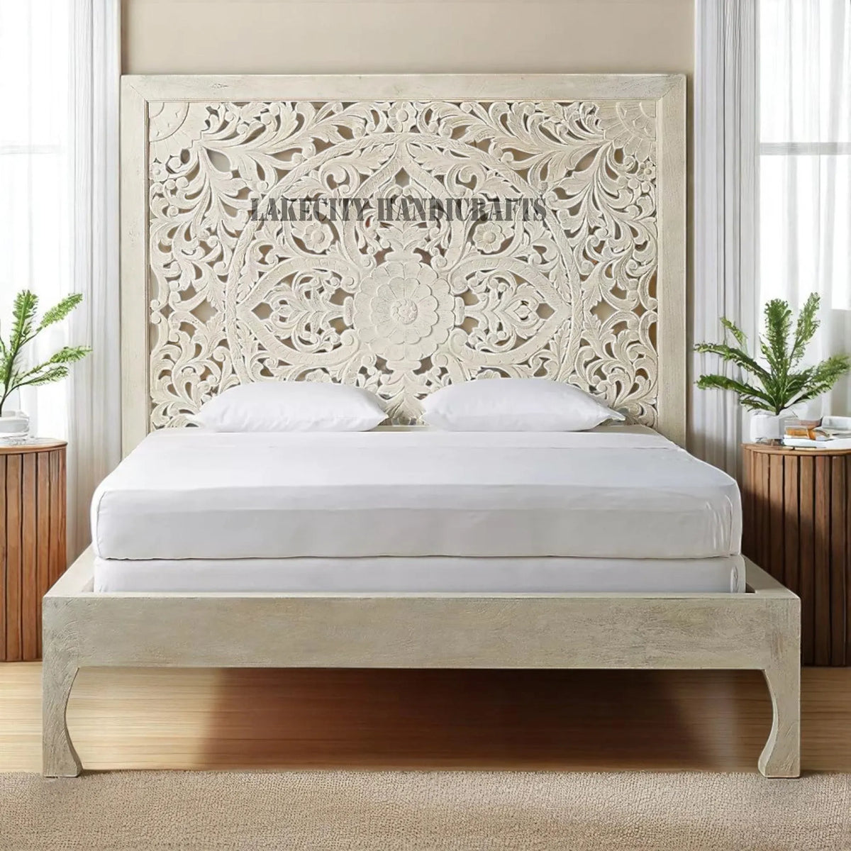 Hand-carved Lombok Bed Natural White | Wood Carved Bed Natural Frame