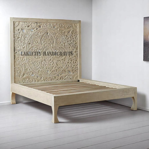 Hand-carved Lombok Bed Natural White | Wood Carved Bed Natural Frame