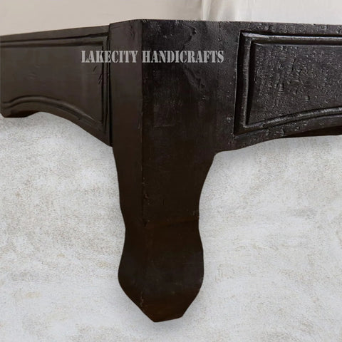 Hand-carved Lotus Bed Black | Carved Wood bed Frame Black | Carved Wood Double Bed Black