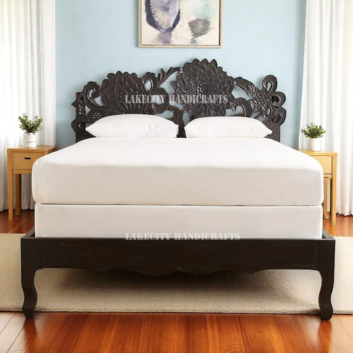 Cama Lotus tallada a mano en negro | Estructura de cama de madera tallada en negro | Cama doble de madera tallada en negro