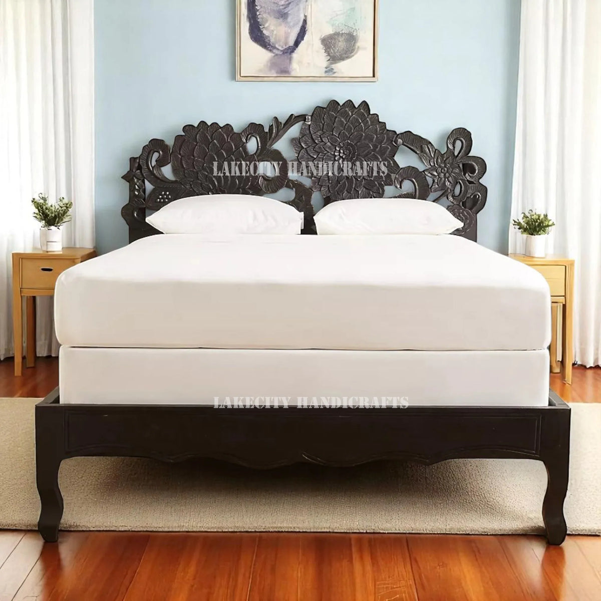 Hand-carved Lotus Bed Black | Carved Wood bed Frame Black | Carved Wood Double Bed Black