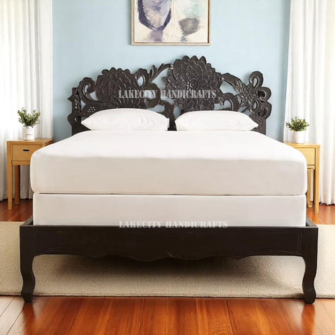 Cama Lotus tallada a mano en negro | Estructura de cama de madera tallada en negro | Cama doble de madera tallada en negro