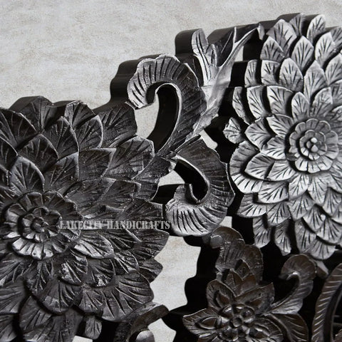 Hand-carved Lotus Bed Black | Carved Wood bed Frame Black | Carved Wood Double Bed Black