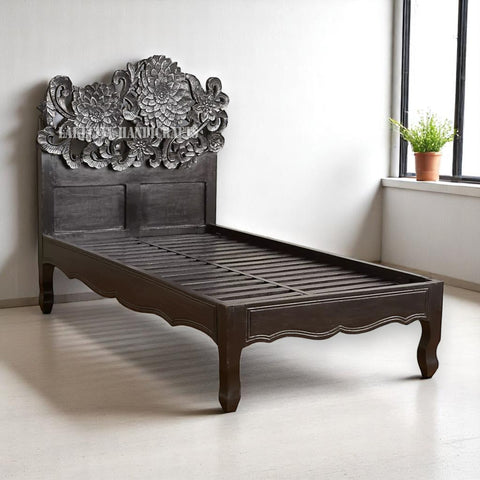Cama Lotus tallada a mano en negro | Estructura de cama de madera tallada en negro | Cama doble de madera tallada en negro