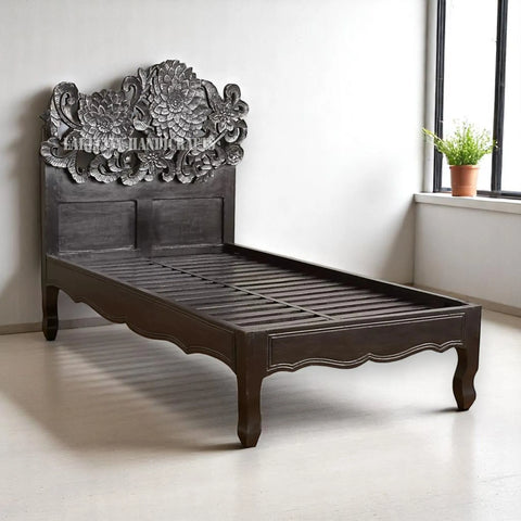 Hand-carved Lotus Bed Black | Carved Wood bed Frame Black | Carved Wood Double Bed Black