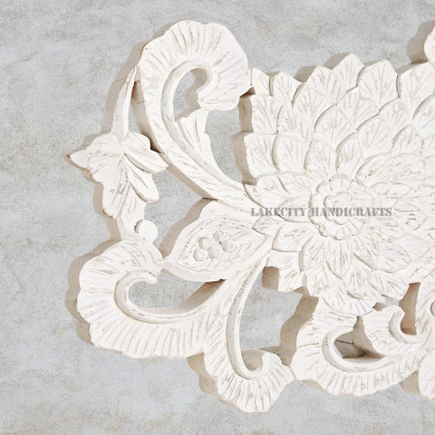 Hand-carved Lotus Bed Natural White | Carved Wood bed Frame White | Carved Wood Bed