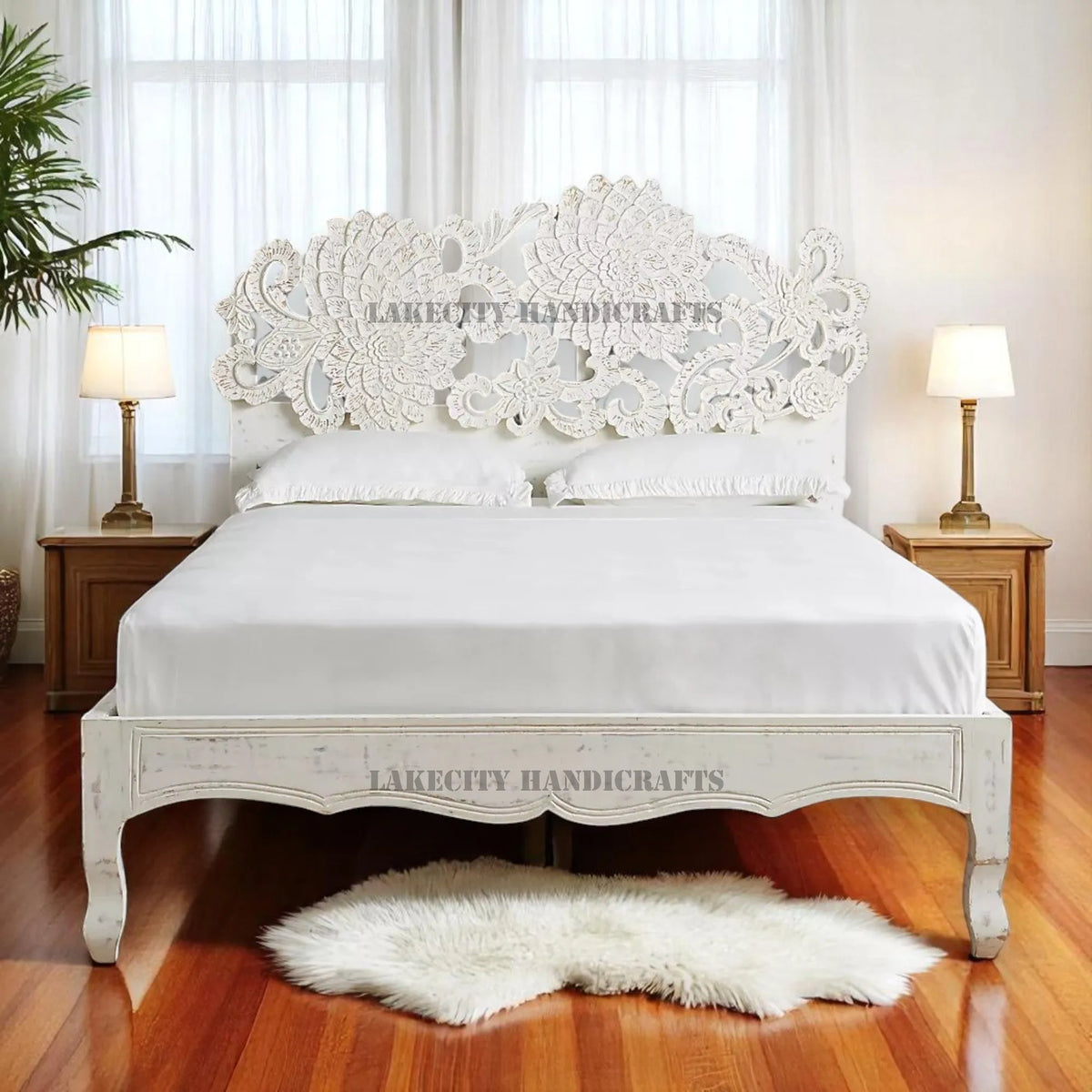 Hand-carved Lotus Bed Natural White | Carved Wood bed Frame White | Carved Wood Bed