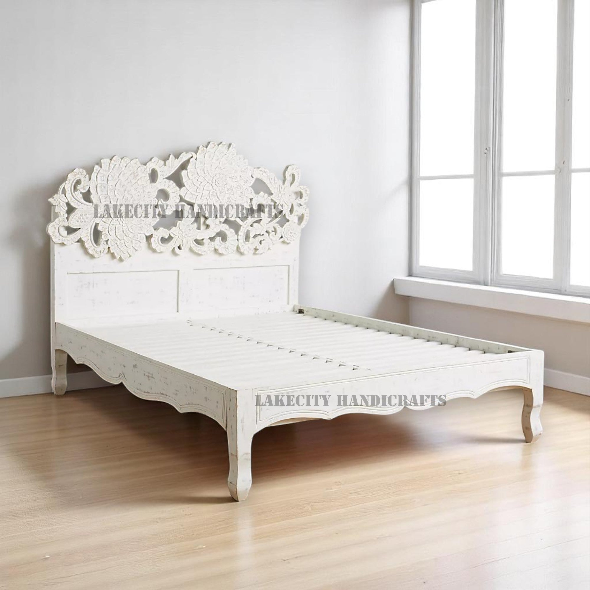 Hand-carved Lotus Bed Natural White | Carved Wood bed Frame White | Carved Wood Bed