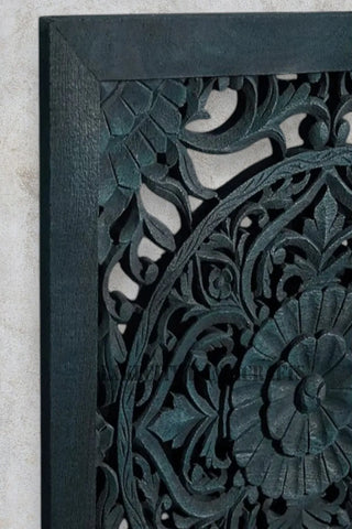 Lit bas Lombok sculpté à la main, bleu naturel | Lit en bois sculpté, cadre bleu naturel