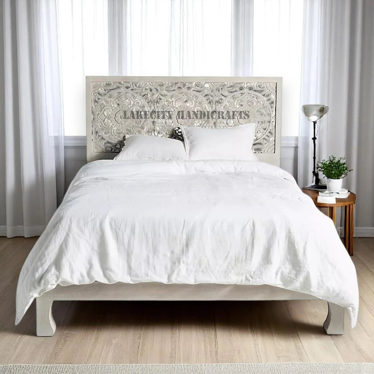 Hand-carved Low Lombok Bed Natural Grey | Wood Carved Bed Natural Frame Grey
