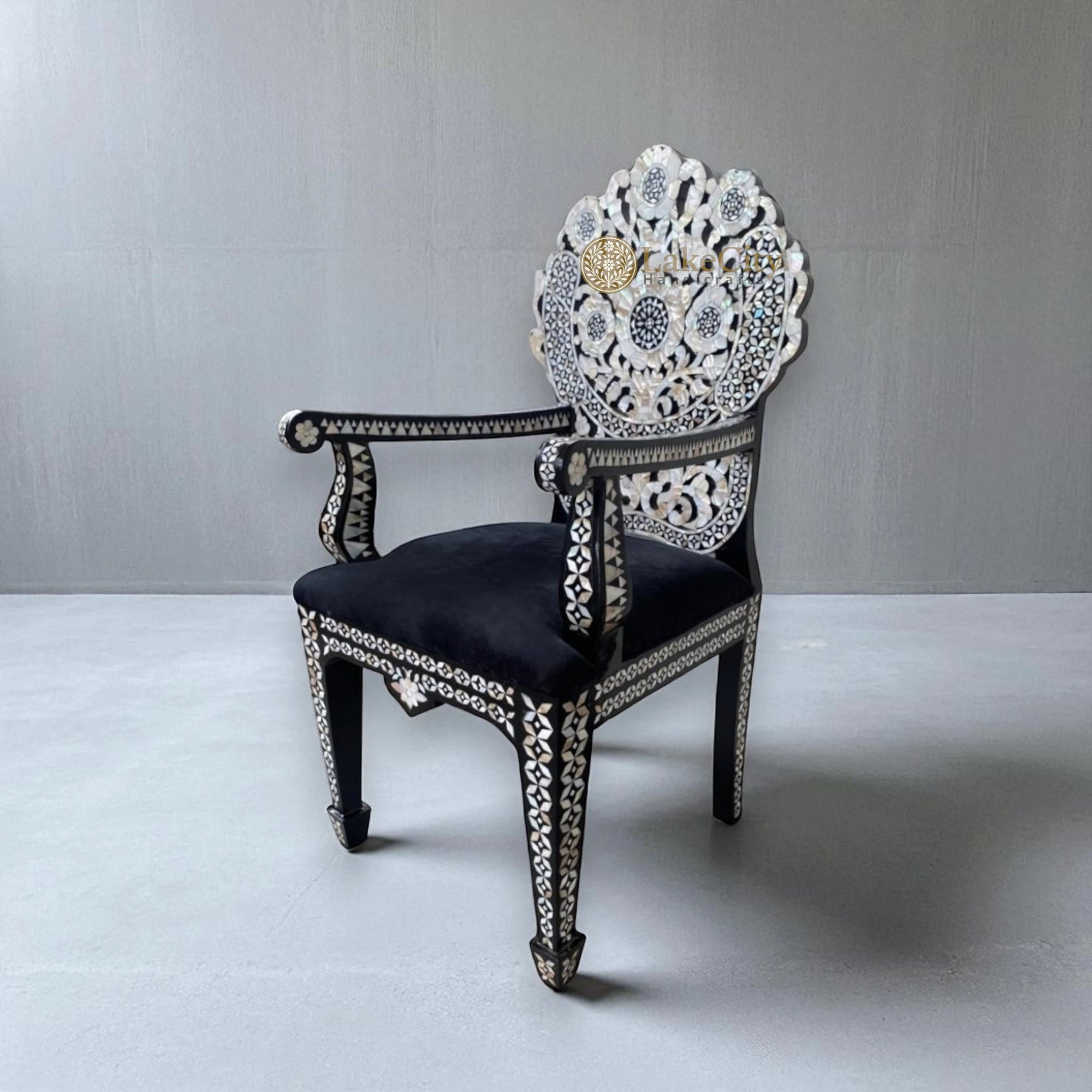 Handcarved MOP Inlay Ornate Flower Chair Black