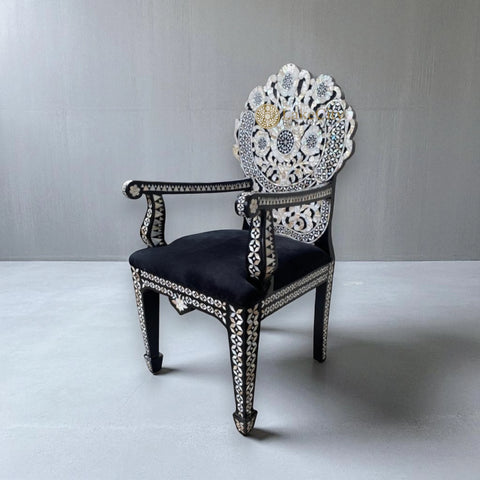 Handcarved MOP Inlay Ornate Flower Chair Black