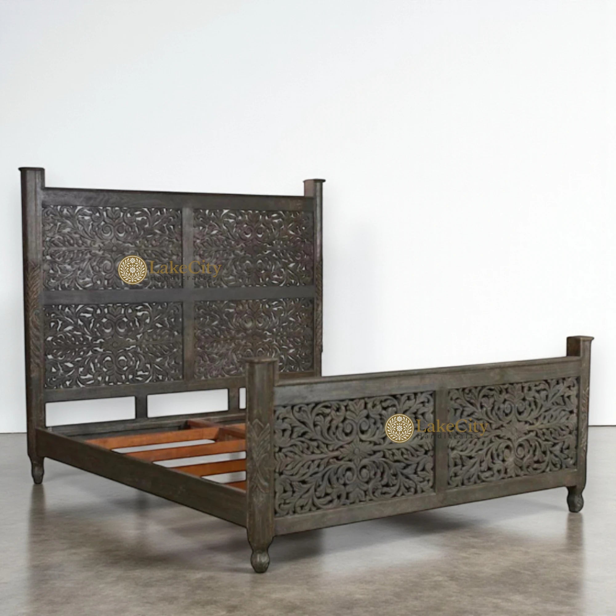 Hand-carved Mango Wood Bed Dark Brown | Wood Carved Double Bed Dark Brown