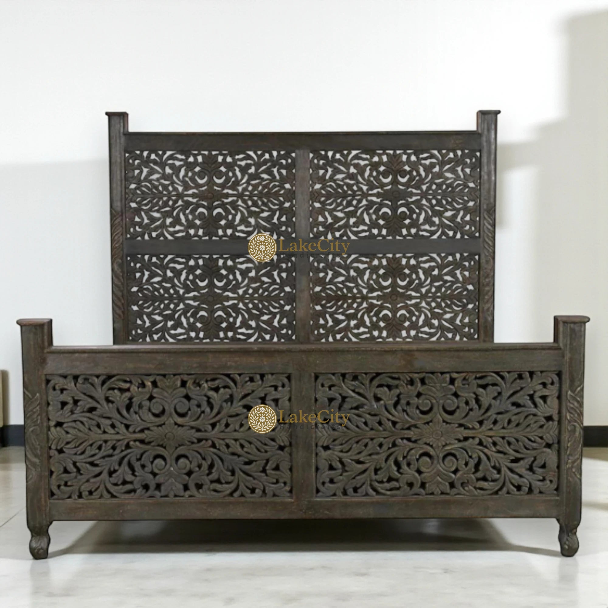 Hand-carved Mango Wood Bed Dark Brown | Wood Carved Double Bed Dark Brown