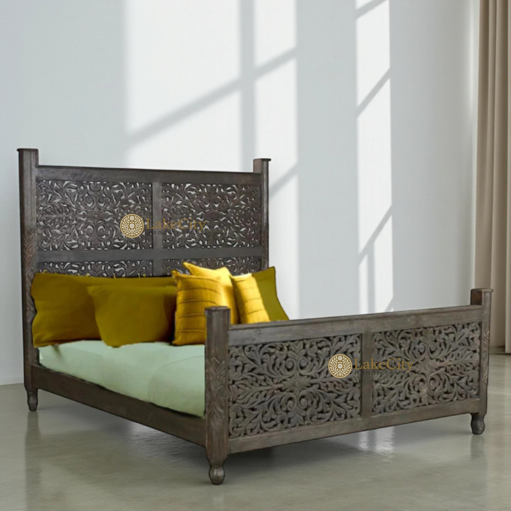 Hand-carved Mango Wood Bed Dark Brown | Wood Carved Double Bed Dark Brown