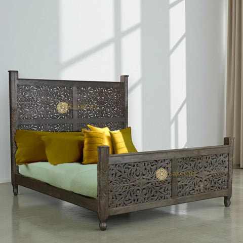 Hand-carved Mango Wood Bed Dark Brown | Wood Carved Double Bed Dark Brown