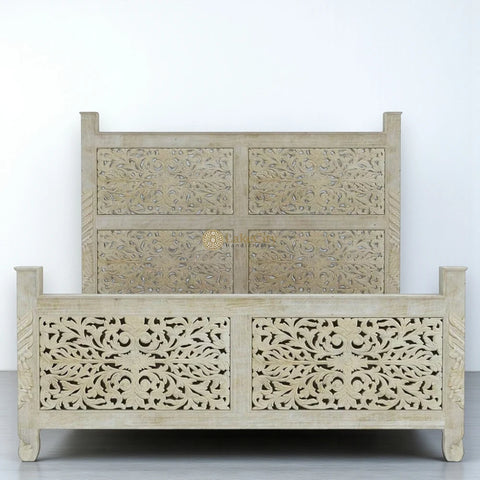 Hand-carved Mango Wood Bed White | Wood Carved Double Bed White