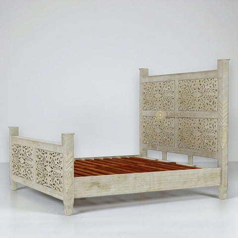Hand-carved Mango Wood Bed White | Wood Carved Double Bed White
