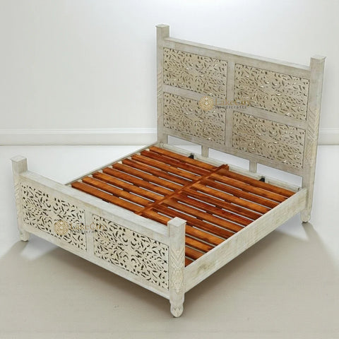 Hand-carved Mango Wood Bed White | Wood Carved Double Bed White