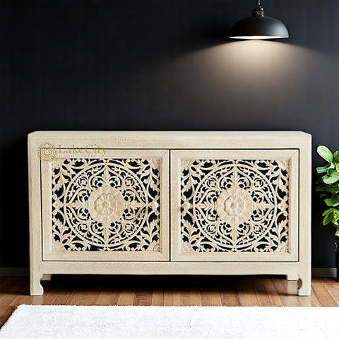 Hand-carved New York Lombok 2 Doors Media Unit Grey | Hand-carved New York Lombok 2 Doors Entertainment Unit Grey
