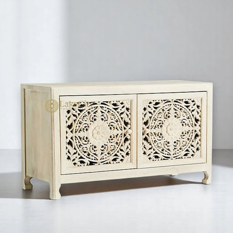 Hand-carved New York Lombok 2 Doors Media Unit White Wash | Hand-carved New York Lombok 2 Doors Entertainment Unit White Wash