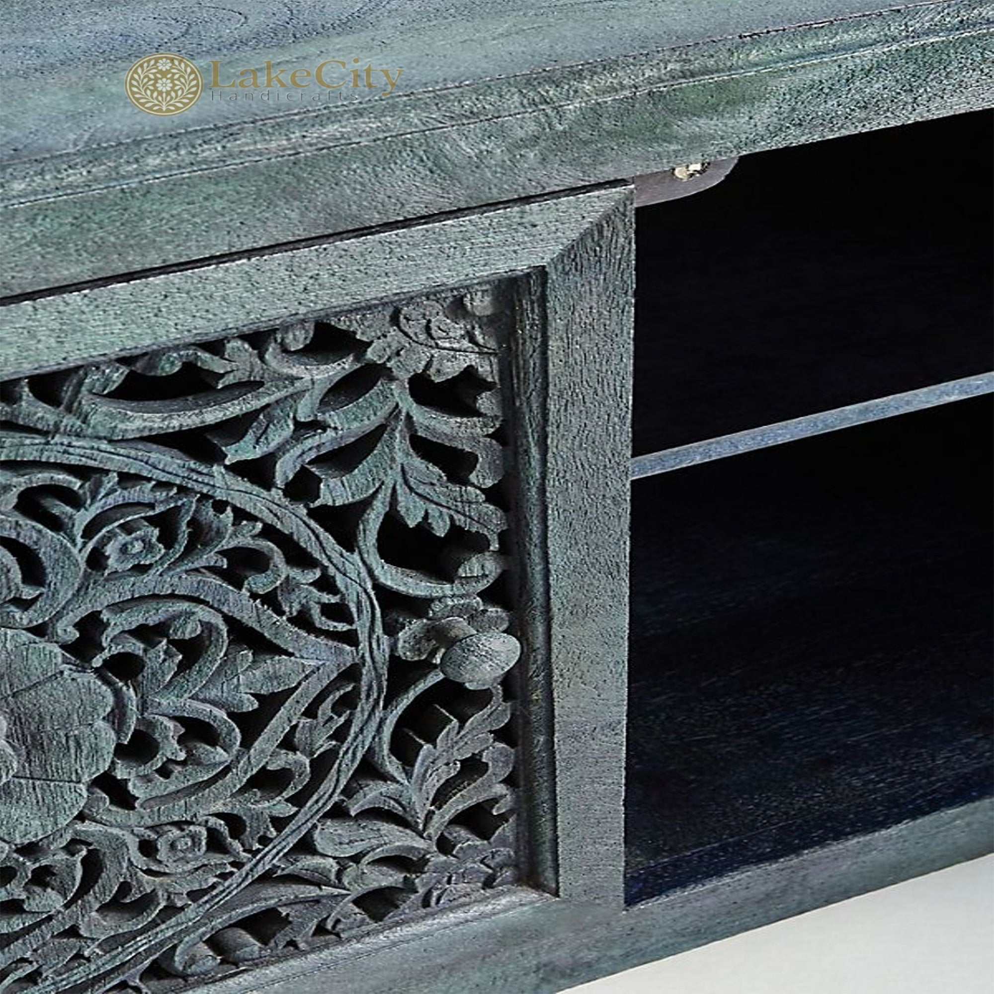Hand-carved New York Lombok 2 Doors Media Unit Indigo | Hand-carved New York Lombok 2 Doors Entertainment Unit Indigo
