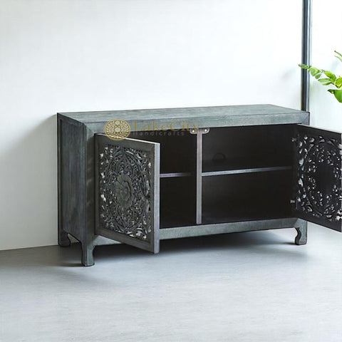 Hand-carved New York Lombok 2 Doors Media Unit Indigo | Hand-carved New York Lombok 2 Doors Entertainment Unit Indigo