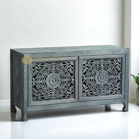 Hand-carved New York Lombok 2 Doors Media Unit Indigo | Hand-carved New York Lombok 2 Doors Entertainment Unit Indigo