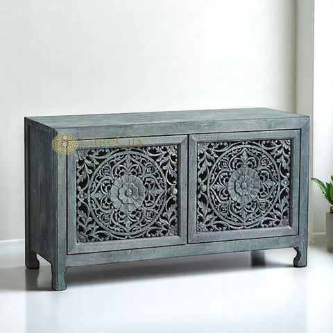 Hand-carved New York Lombok 2 Doors Media Unit Indigo | Hand-carved New York Lombok 2 Doors Entertainment Unit Indigo