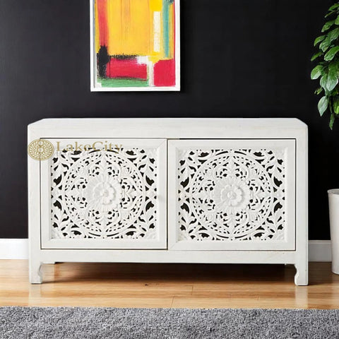 Hand-carved New York Lombok 2 Doors Media Unit White Main | Hand-carved New York Lombok 2 Doors Entertainment Unit White