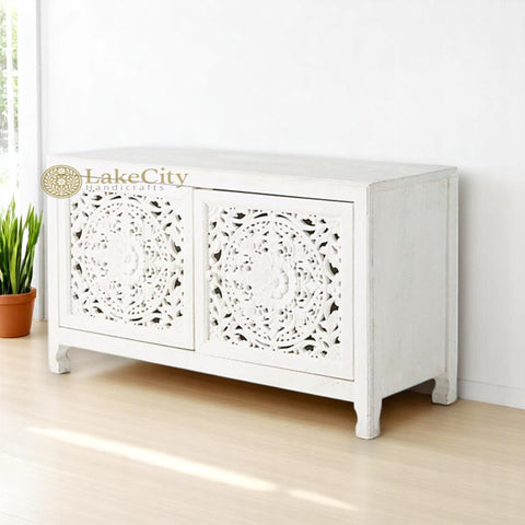 Hand-carved New York Lombok 2 Doors Media Unit White Main | Hand-carved New York Lombok 2 Doors Entertainment Unit White