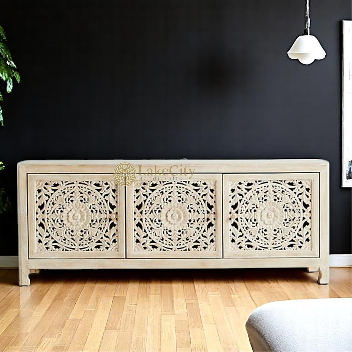 Hand-carved New York Lombok 3 Doors Media Unit Grey | Hand-carved New York Lombok 3 Doors Entertainment Unit Grey