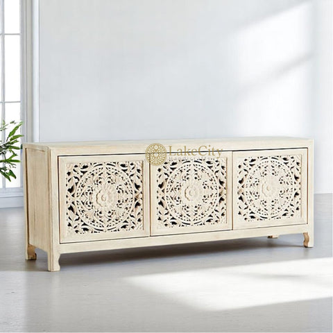 Hand-carved New York Lombok 3 Doors Media Unit Grey | Hand-carved New York Lombok 3 Doors Entertainment Unit Grey