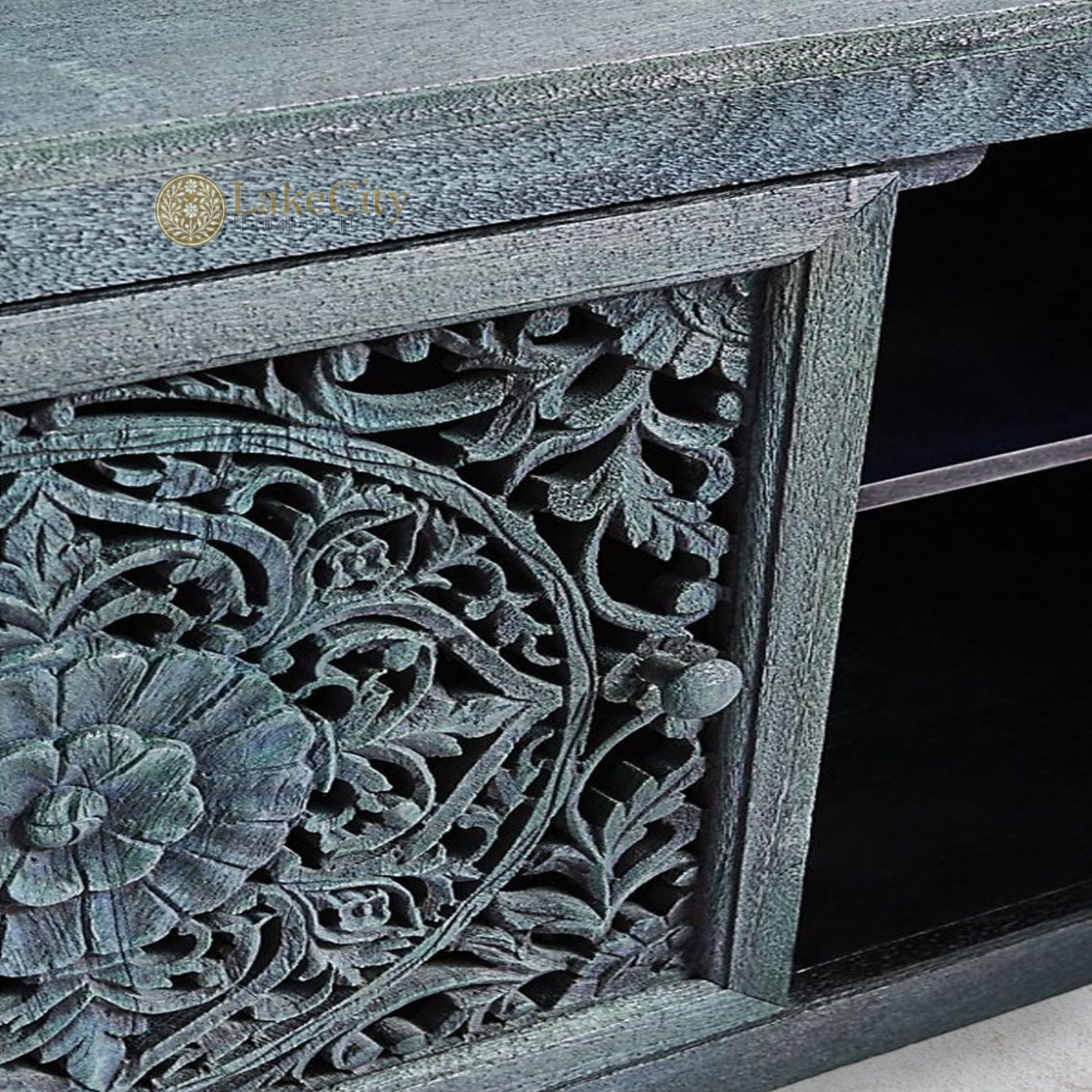 Hand-carved New York Lombok 3 Doors Media Unit Indigo | Hand-carved New York Lombok 3 Doors Entertainment Unit Indigo