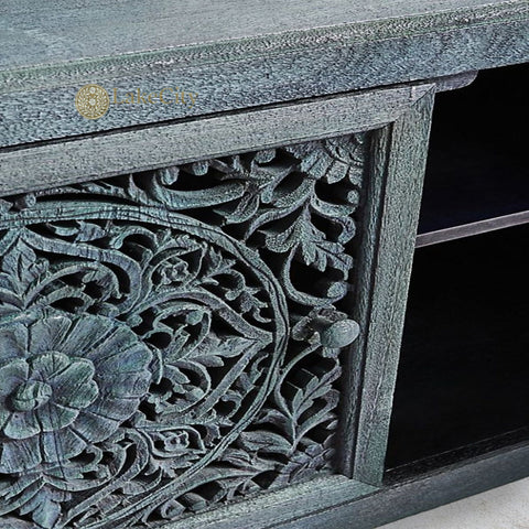 Hand-carved New York Lombok 3 Doors Media Unit Indigo | Hand-carved New York Lombok 3 Doors Entertainment Unit Indigo