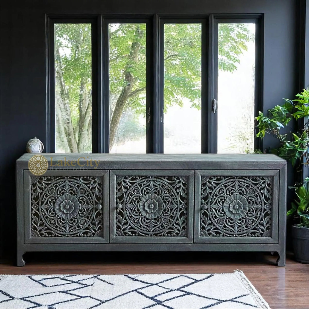 Hand-carved New York Lombok 3 Doors Media Unit Indigo | Hand-carved New York Lombok 3 Doors Entertainment Unit Indigo