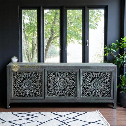Hand-carved New York Lombok 3 Doors Media Unit Indigo | Hand-carved New York Lombok 3 Doors Entertainment Unit Indigo