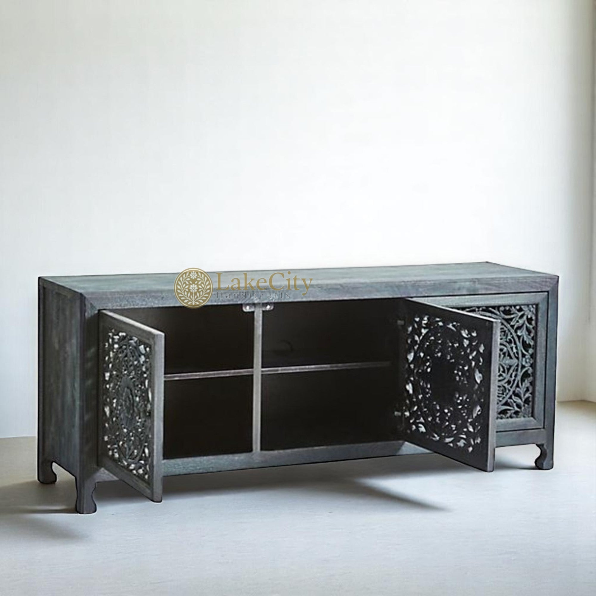 Hand-carved New York Lombok 3 Doors Media Unit Indigo | Hand-carved New York Lombok 3 Doors Entertainment Unit Indigo