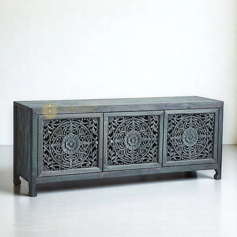 Hand-carved New York Lombok 3 Doors Media Unit Indigo | Hand-carved New York Lombok 3 Doors Entertainment Unit Indigo