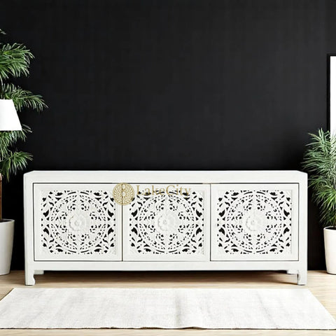Hand-carved New York Lombok 3 Doors Media Unit White Main | Hand-carved New York Lombok 3 Doors Entertainment Unit White