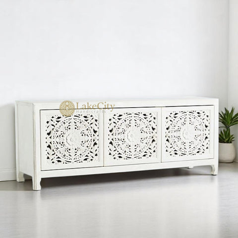 Hand-carved New York Lombok 3 Doors Media Unit White Main | Hand-carved New York Lombok 3 Doors Entertainment Unit White