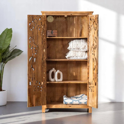 Hand-carved Peacock Design 2 Doors Armoire Natural Brown | Hand-carved Peacock Design 2 Doors Wardrobe