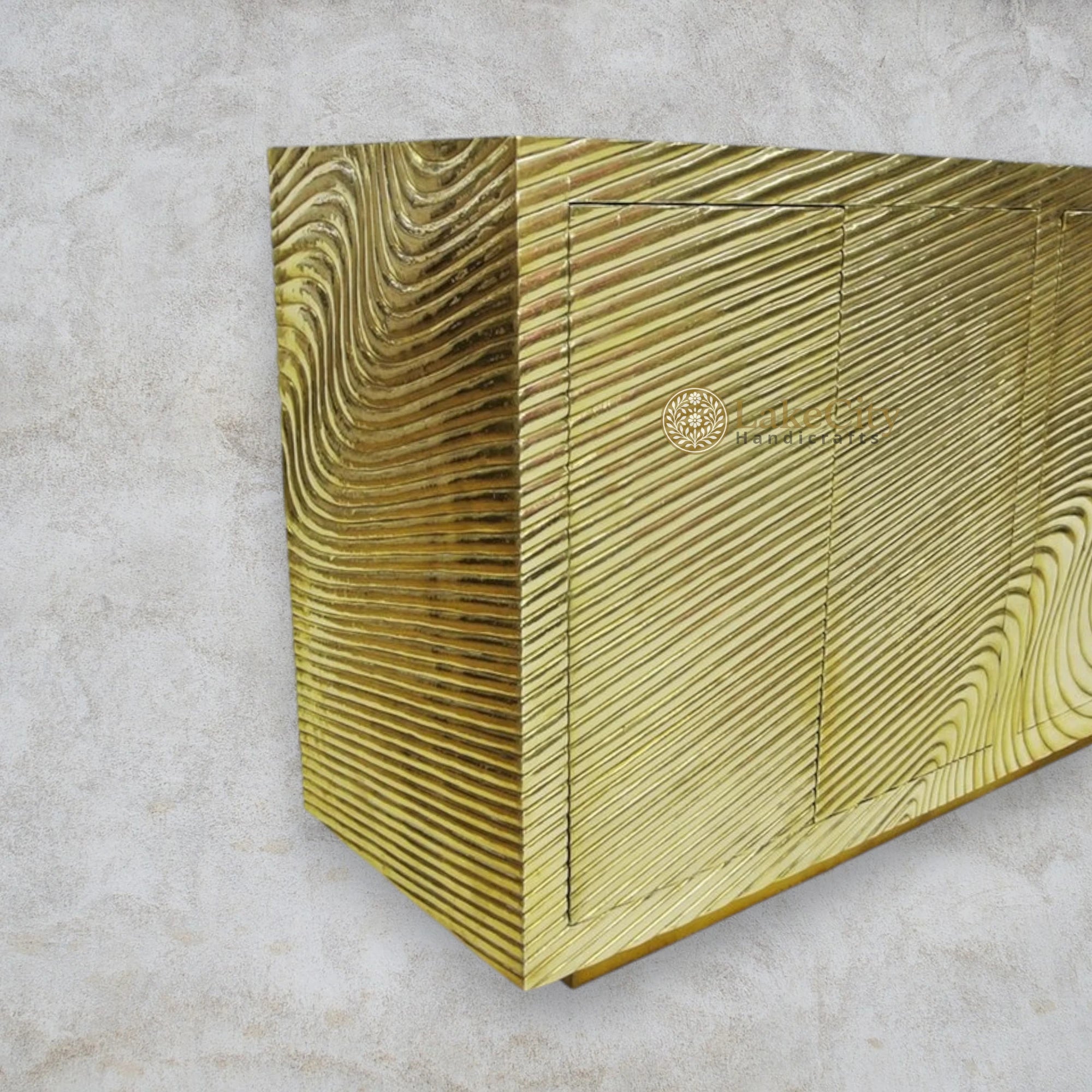 Hand-carved Wave Design Brass Credenza