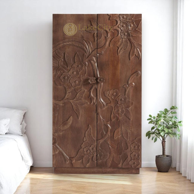 Hand-carved Wood Flowers 2 Doors Armoire | Hand-carved Wood Flowers 2 Doors Wardrobe