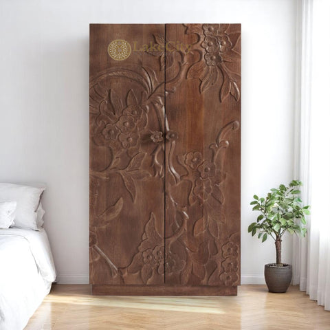 Hand-carved Wood Flowers 2 Doors Armoire | Hand-carved Wood Flowers 2 Doors Wardrobe