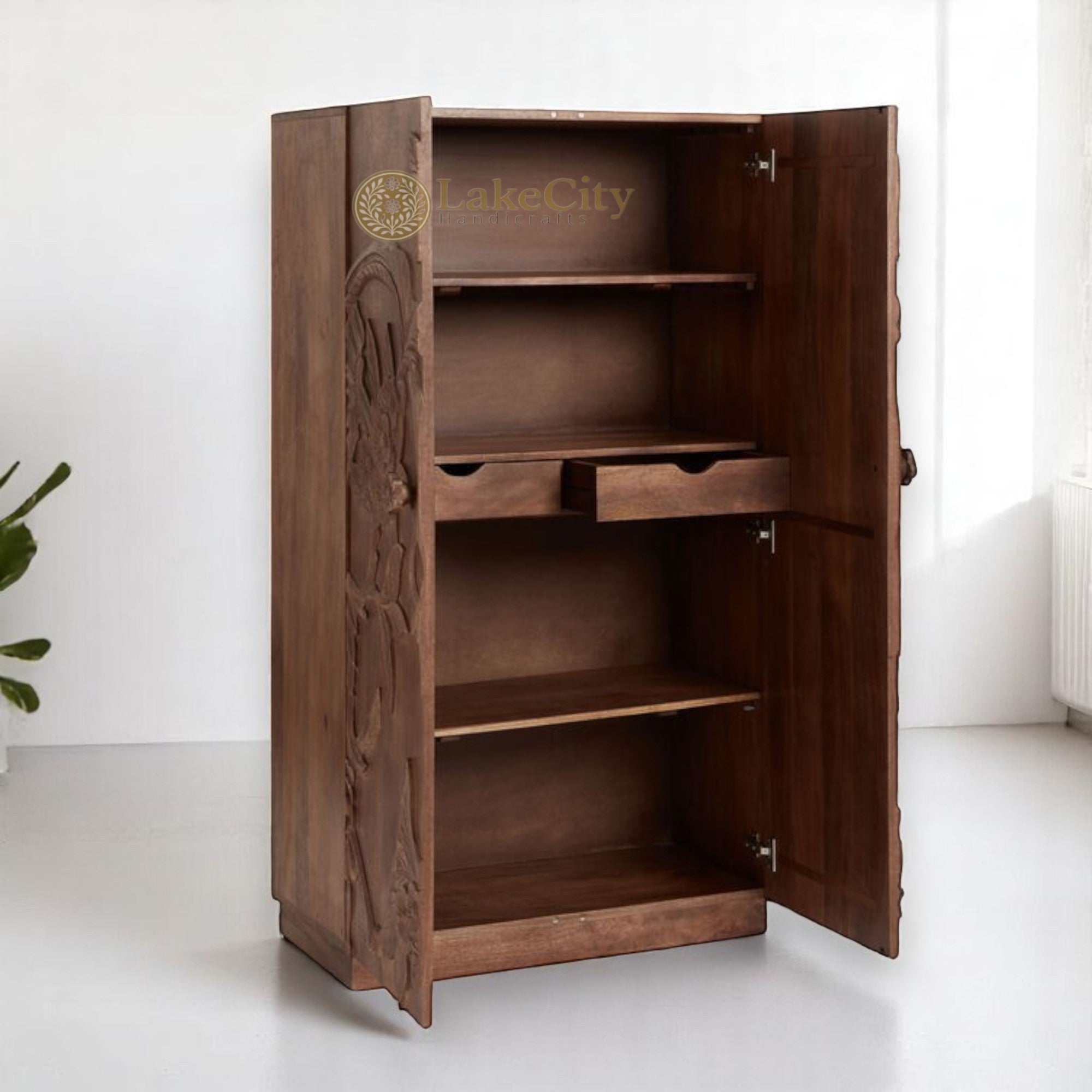 Hand-carved Wood Flowers 2 Doors Armoire | Hand-carved Wood Flowers 2 Doors Wardrobe