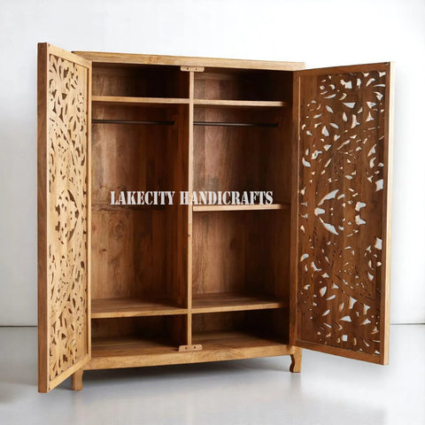 Hand-carved Lombok 2 Door Armoire Natural Brown | Hand-carved Lombok 2 Door Wardrobe Brown