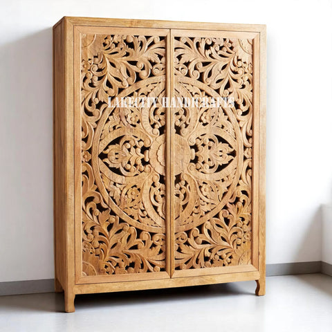 Hand-carved Lombok 2 Door Armoire Natural Brown | Hand-carved Lombok 2 Door Wardrobe Brown