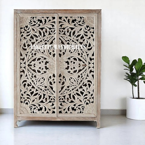 Hand-carved Lombok 2 Door Armoire Grey | Hand-carved Lombok 2 Door Wardrobe Grey