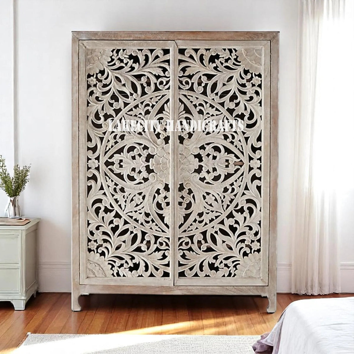 Hand-carved Lombok 2 Door Armoire Grey | Hand-carved Lombok 2 Door Wardrobe Grey